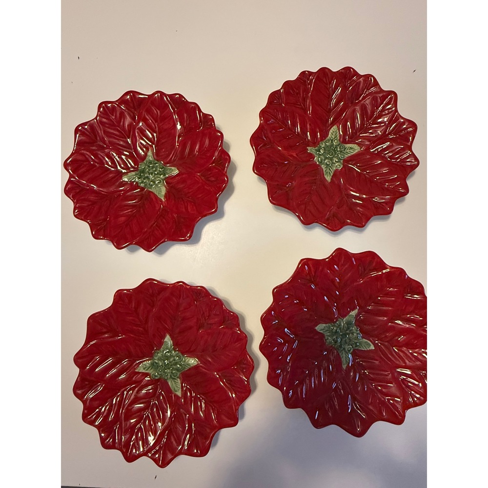 Maxcera‎ Red Poinsettia Ceramic Salad Dessert Plates Set of 4 Christmas Holiday - Picture 3 of 7